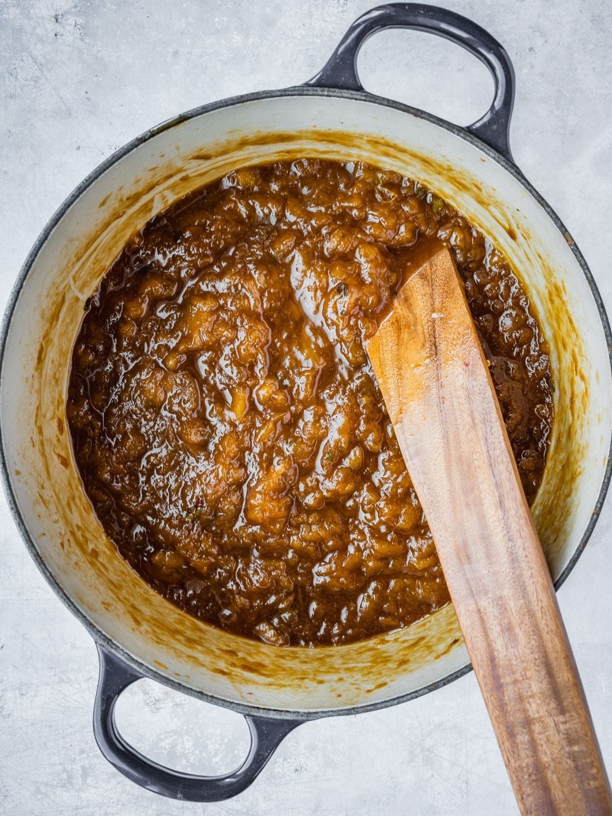 Peach jam in a pot, finished and ready for jarring.
