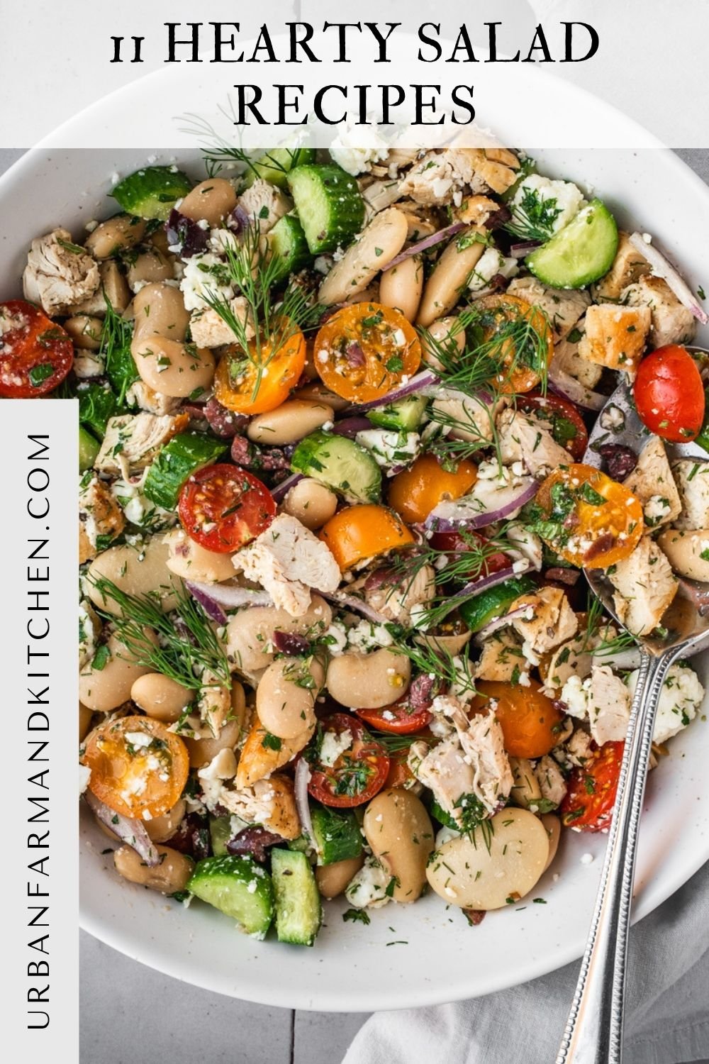 Bowl of bean salad with chicken pieces, cherry tomatoes, cucumbers and herbs.