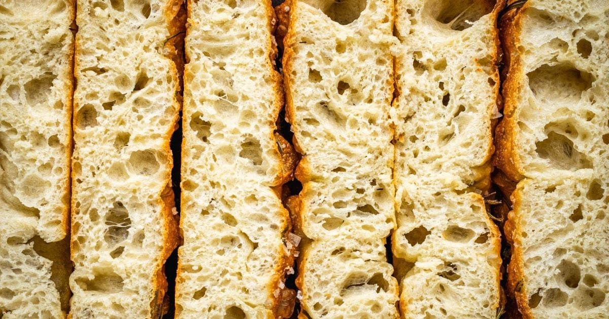 Sliced focaccia on a tray. 