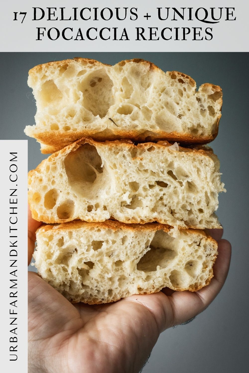 A hand holding 3 fluffy focaccia slices.