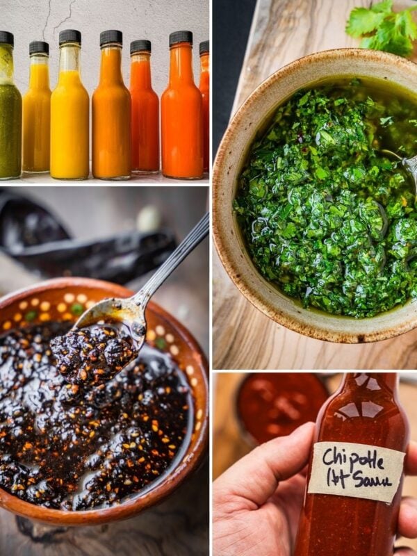 A collage of different condiments in bowls and bottles.