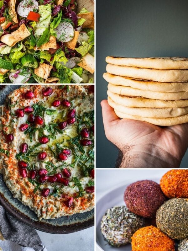 Collage of different mezze recipes including dips, salads and bread.