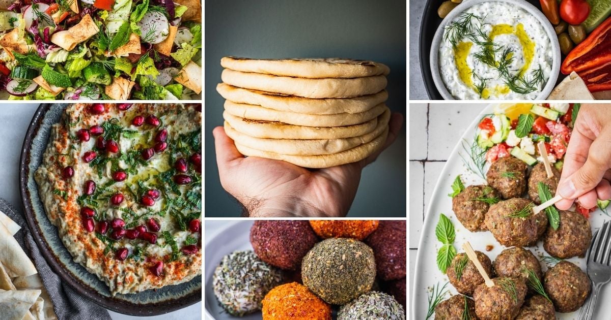 Collage of different mezze recipes including dips, salads and bread. 