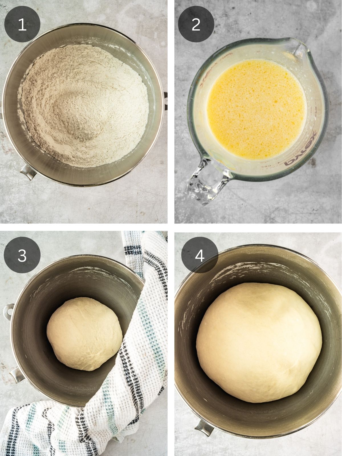 Recipe steps showing the kneading of the dough and the first rise.