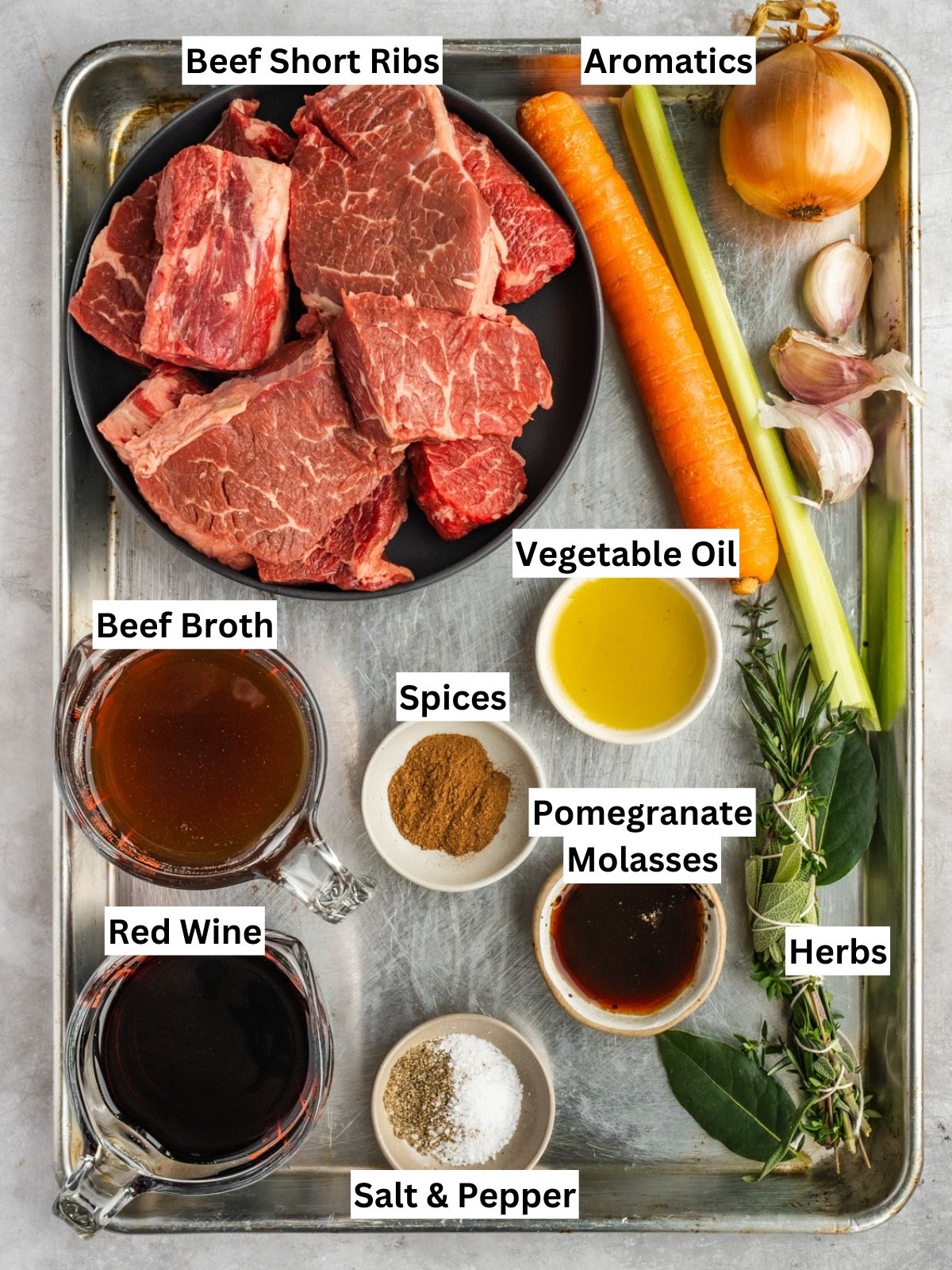 Pomegranate Short Ribs Recipe ingredients with individual labels on a metal tray.