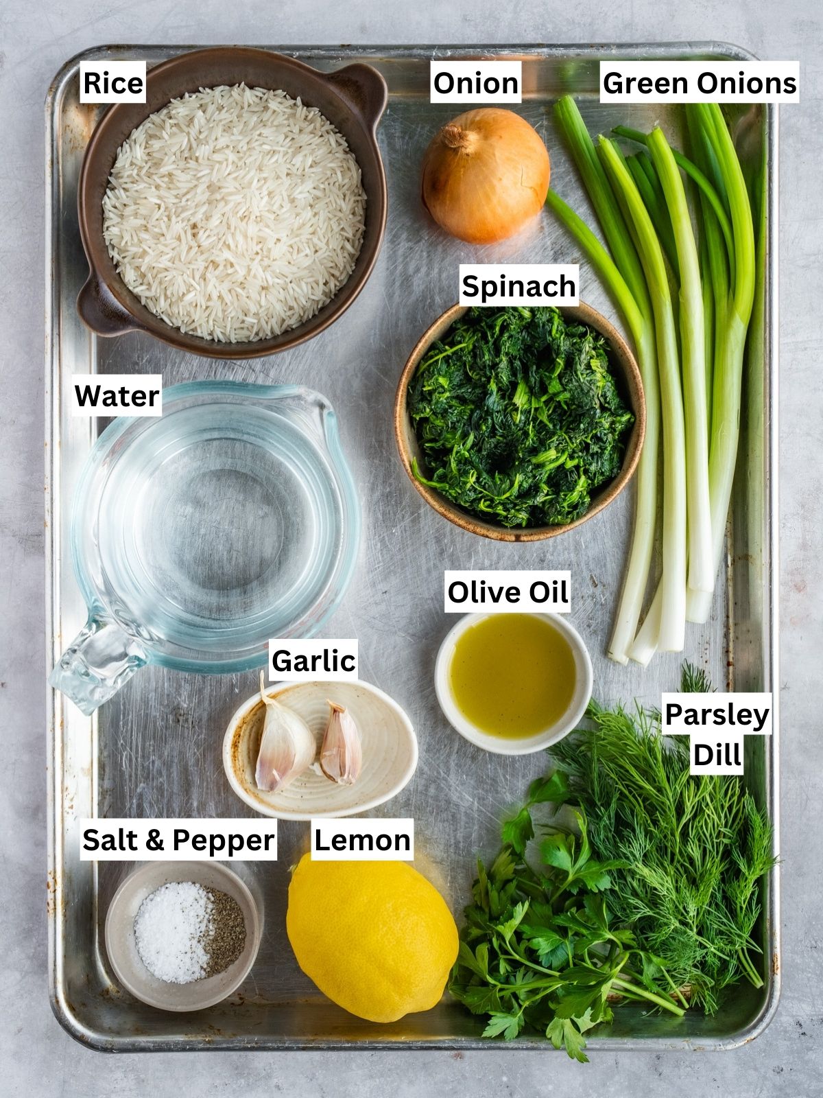 Spanakorizo Greek Spinach Rice recipe ingredients with individual labels on a metal tray.