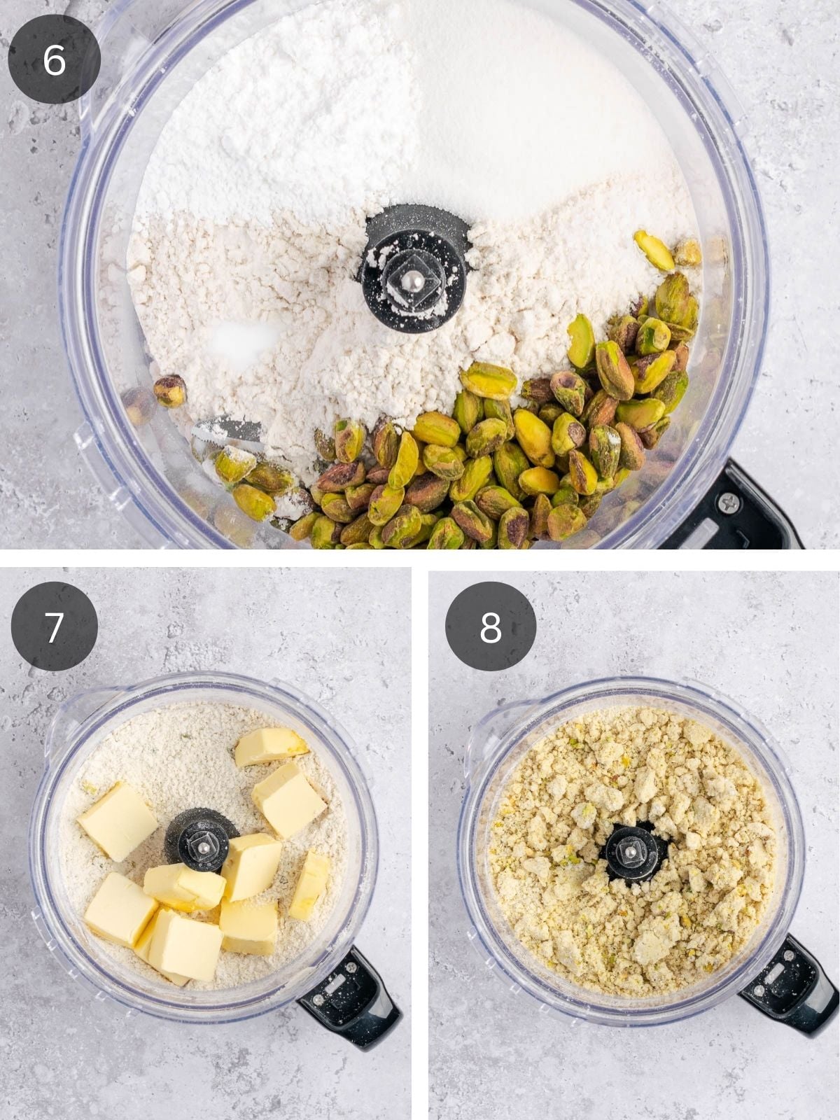 Recipe steps showing the making of the crust in a food processor by processing flour, sugar, pistachios and then butter.