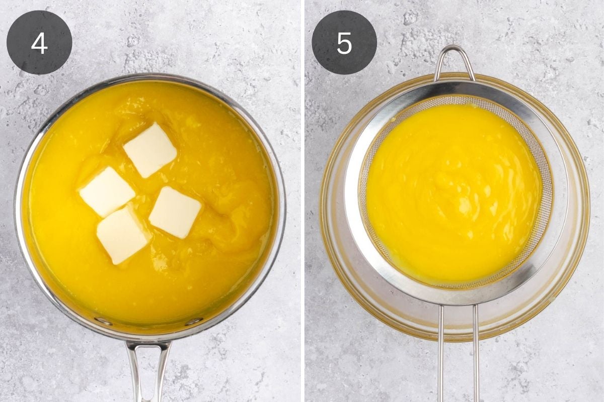 Recipe steps showing the addition of the butter to the finished curd and then straining it in a metal sieve.