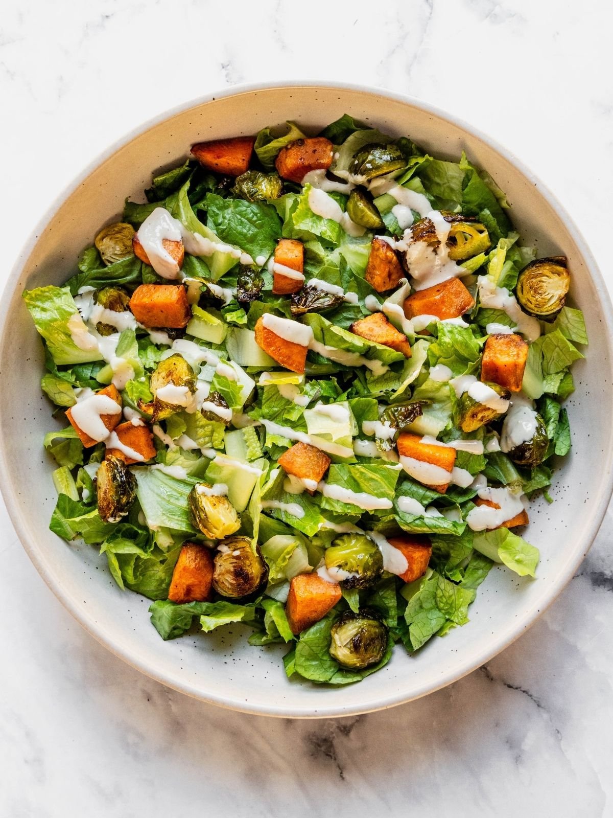 Large salad bowl with chopped romaine, the roasted vegetables and the dressing.