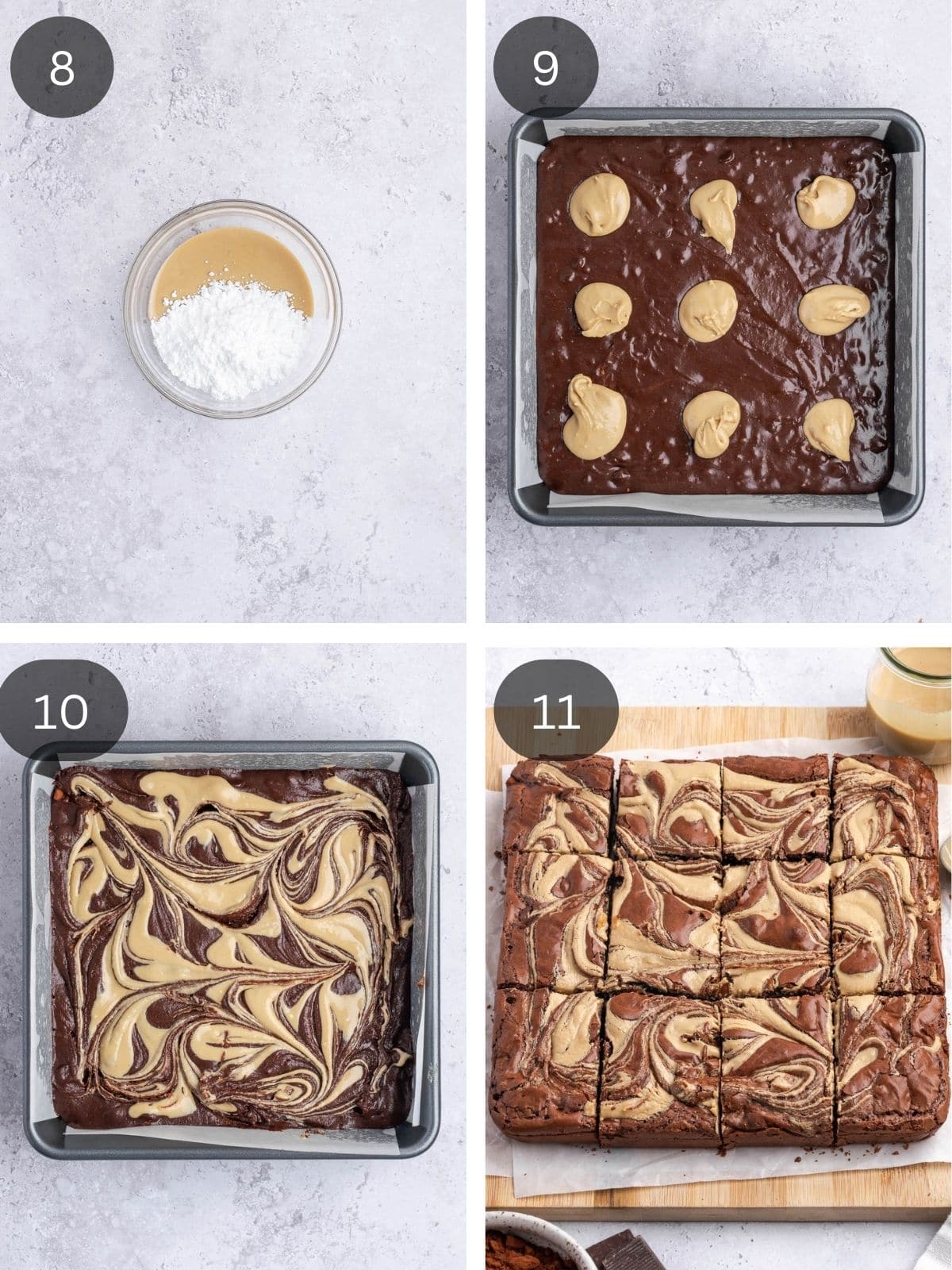Recipe steps showing the making of the tahini swirl and how it gets added to the raw brownie mix.