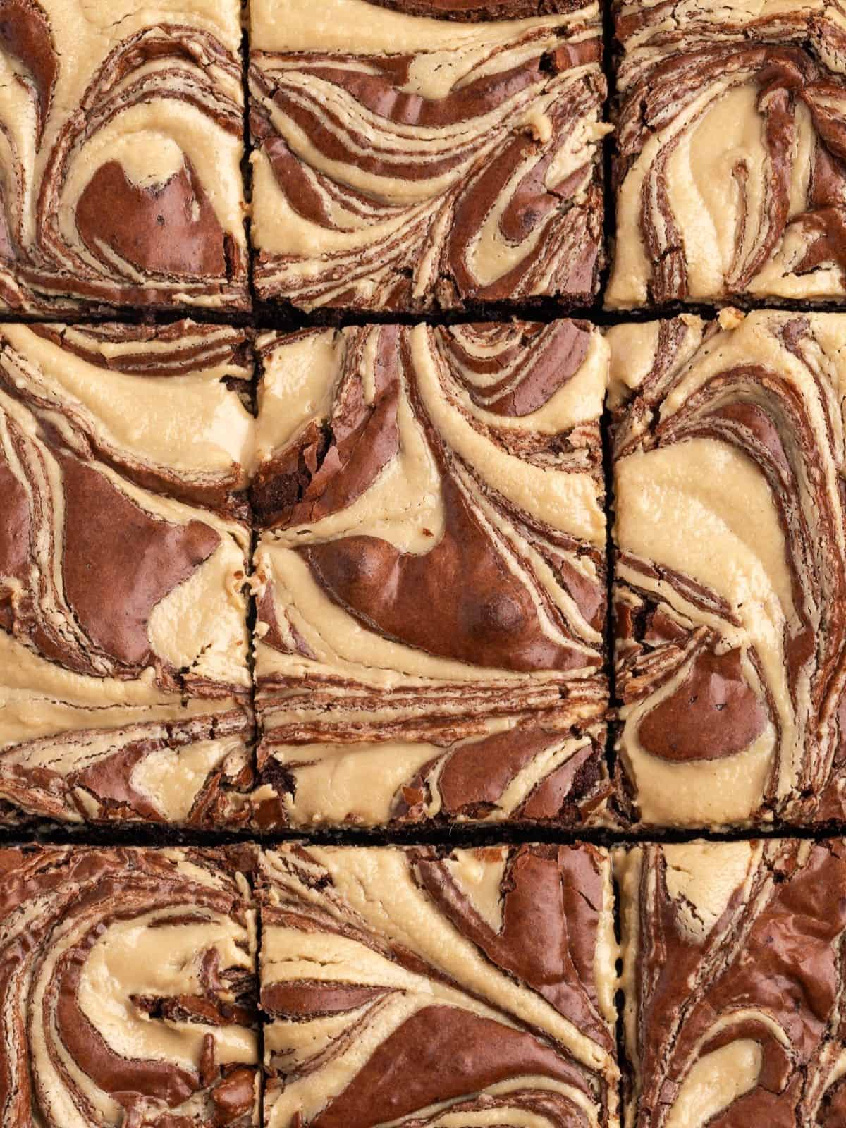 Sliced Tahini Brownies with a tahini and sugar swirl.