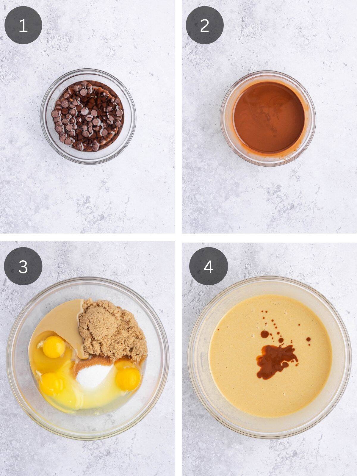 Recipe steps showing the melting of the chocolate base, and the preparation of the wet ingredients in a large bowl.