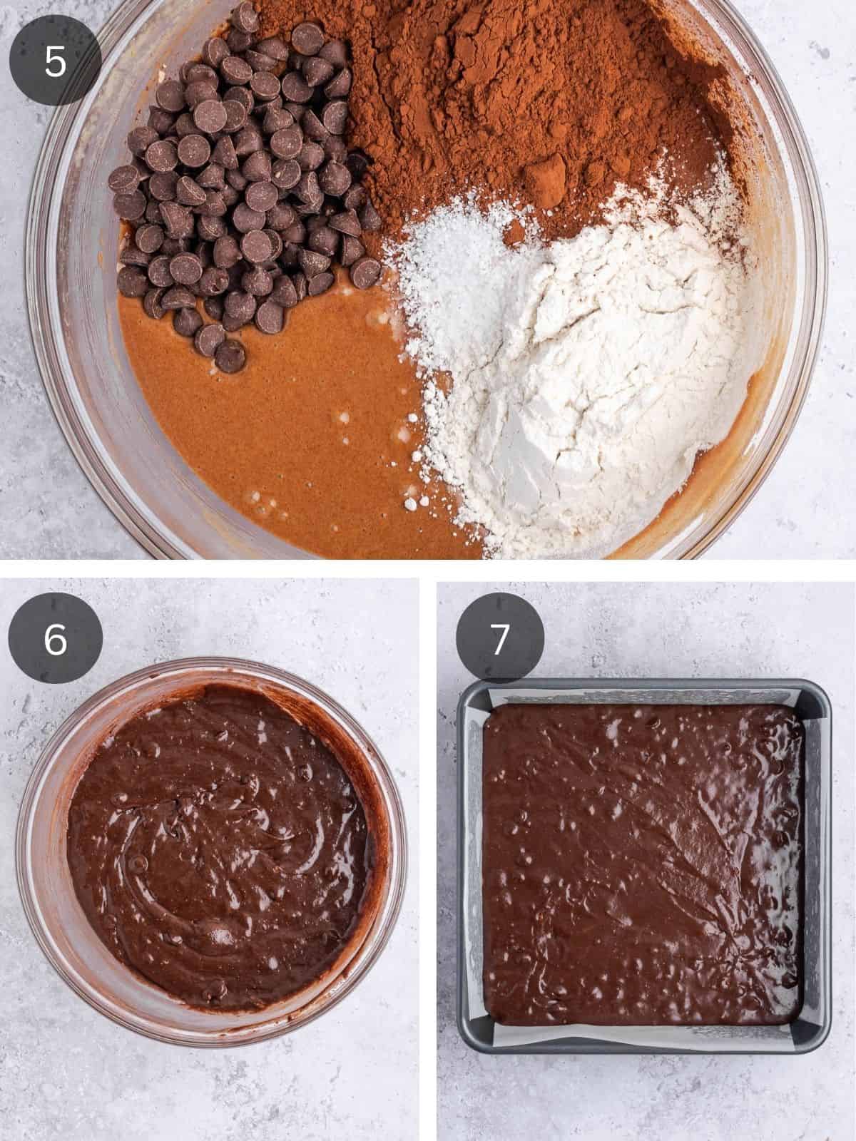 Recipe steps showing the addition of the dry ingredients to the wet base and adding the brownie mix to the parchment paper-lined baking tray.