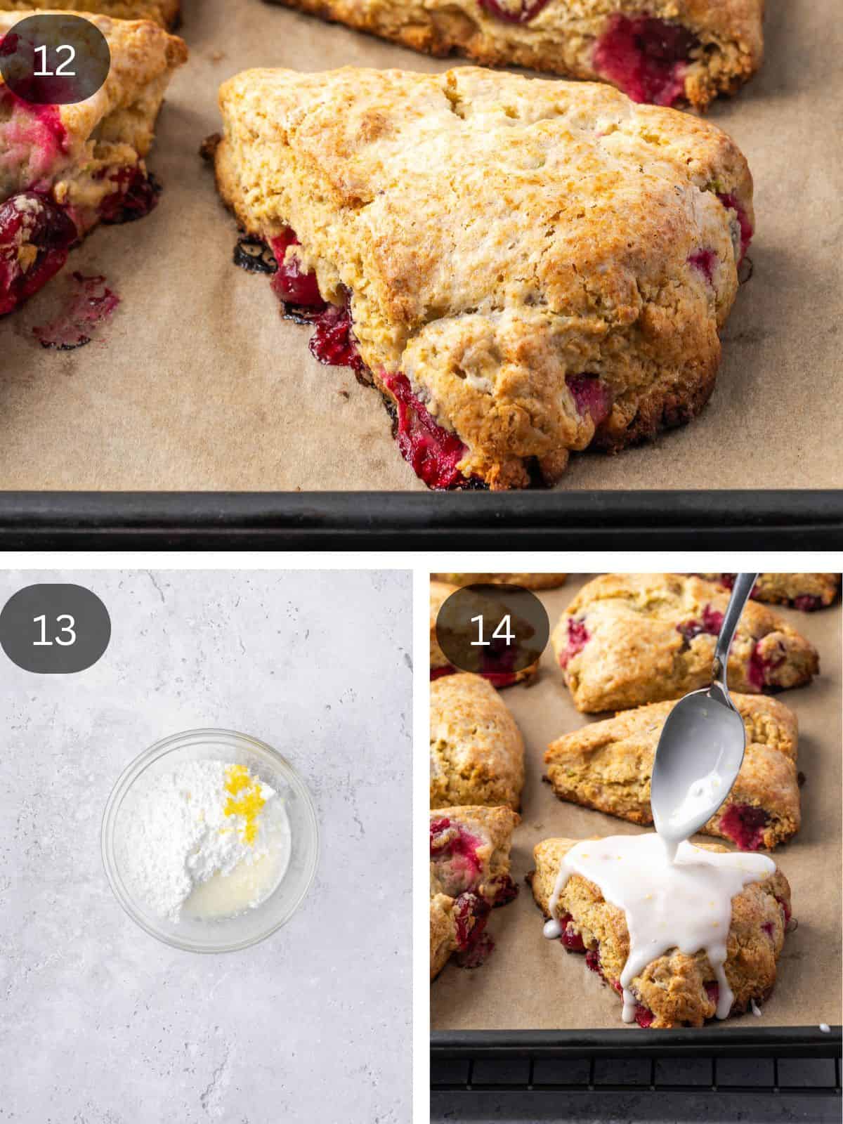 Recipe steps showing the baked scones on a tray, the icing getting mixed in a bowl and then drizzled on the warm scones.