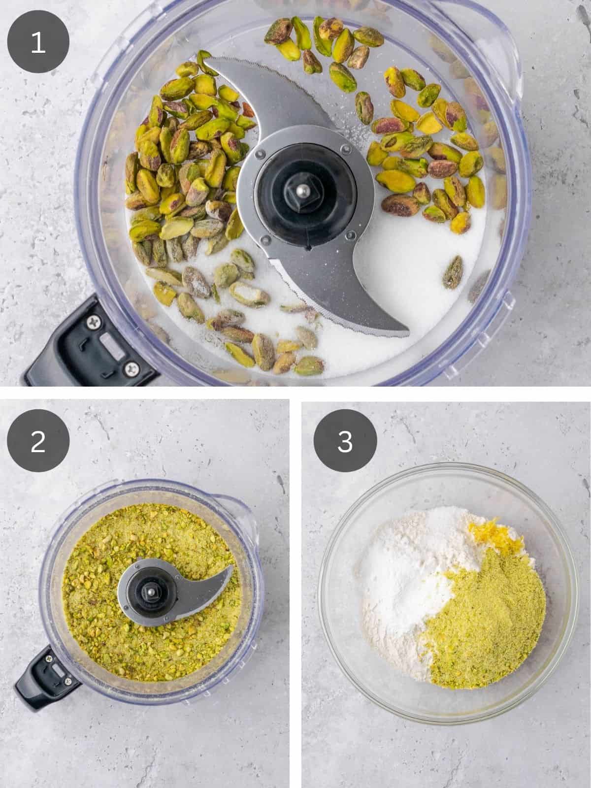 Recipe steps showing the processing of the pistachios and sugar, and the mixing of the dry ingredients in a bowl.