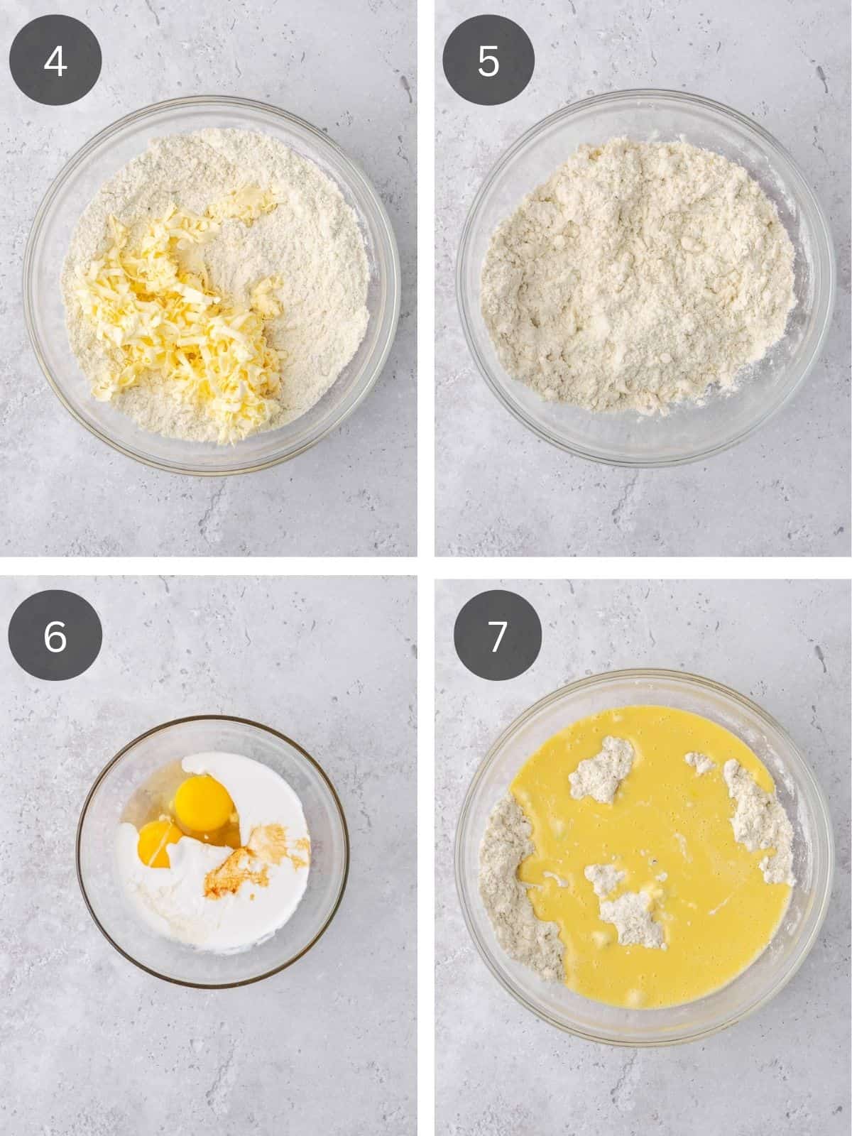 Recipe steps showing the mixing of the butter into the dry ingredients and the addition of the wet ingredients.