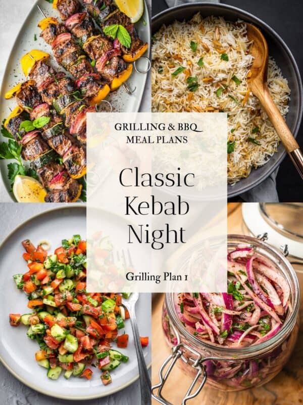 Collage of images including beef shish kebabs on a platter, vermicelli rice in a bowl, chopped salad and marinated onions.