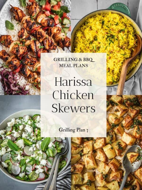 Collage of images including grilled harissa chicken skewers on a platter, yellow rice in a pot, cucumber radish salad in a bowl and roasted potatoes on a tray.