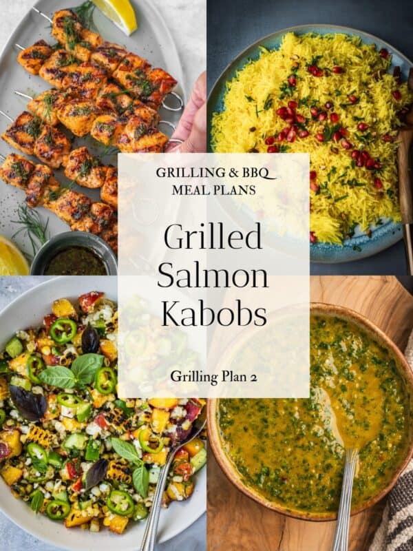 Collage of images including salmon skewers on a platter, saffron rice on a plate, corn and peach salad in a bowl and chermoula sauce in a bowl.