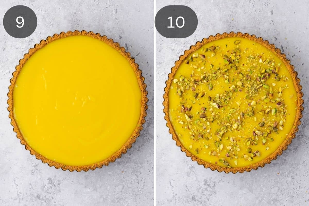 Recipe steps showing the lemon curd getting added to the cracker base and then getting decorated with pistachios.