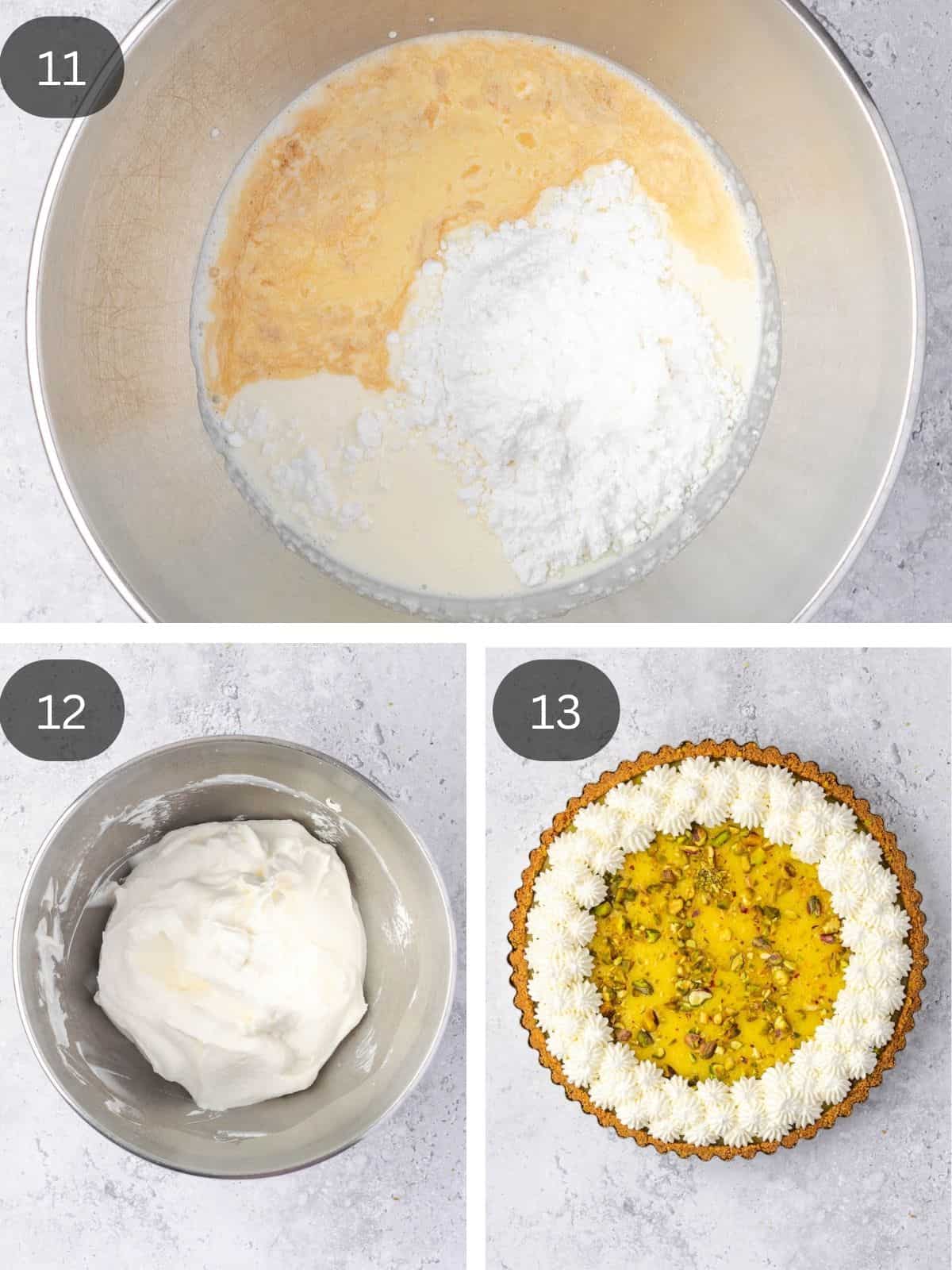 Recipe steps showing the mixing of the whipped cream in a metal bowl and then piping it over the finished lemon tart.