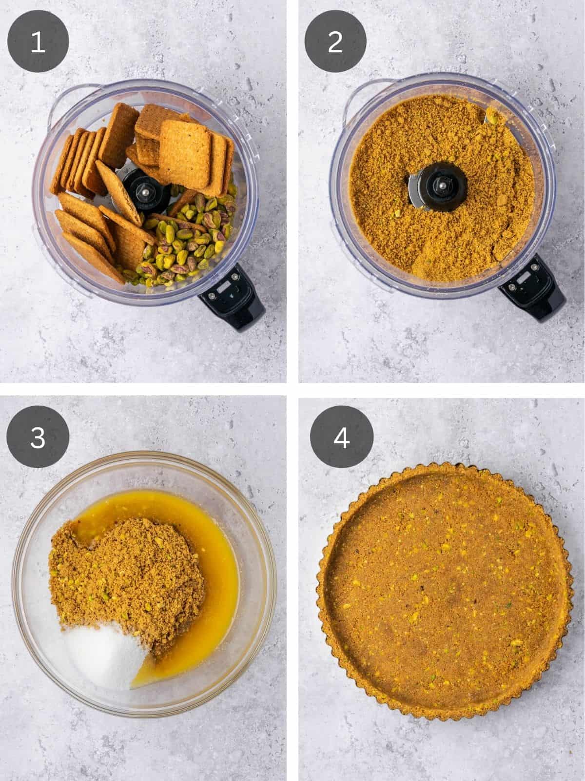 Recipe steps showing the processing of the graham crackers and pistachios and the forming of the tart crust.