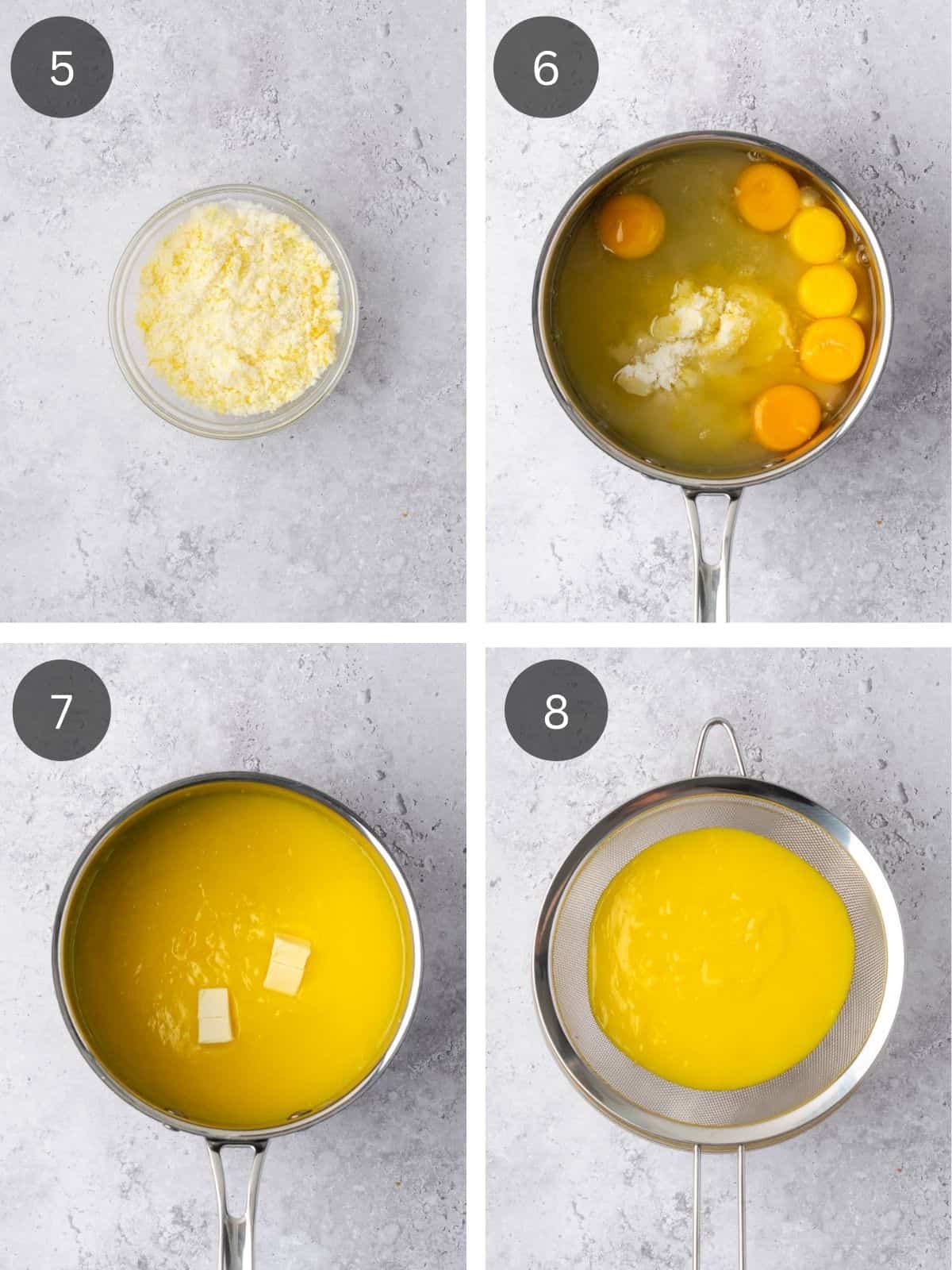 Recipe steps showing the sugar getting mixed with lemon zest, and the lemon curd getting cooked in a metal pot.