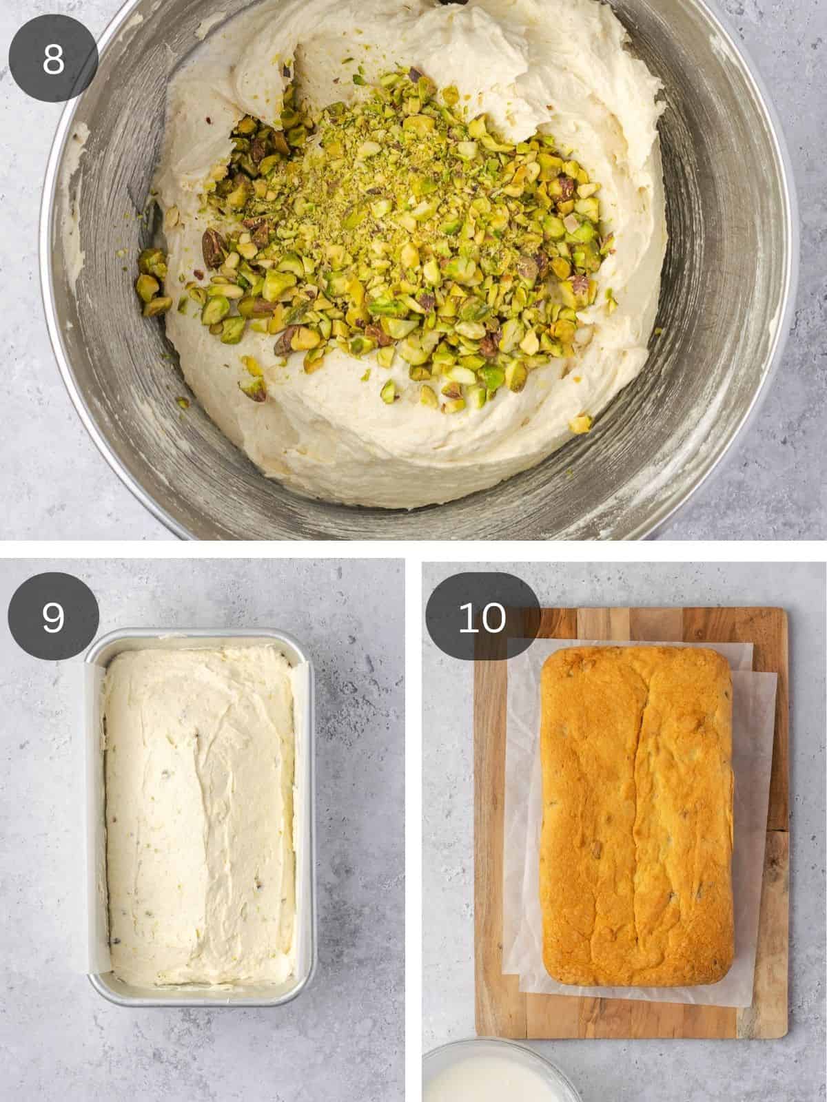 Recipe steps showing the final mixing of the batter, spreading it into a loaf pan and the final bake.