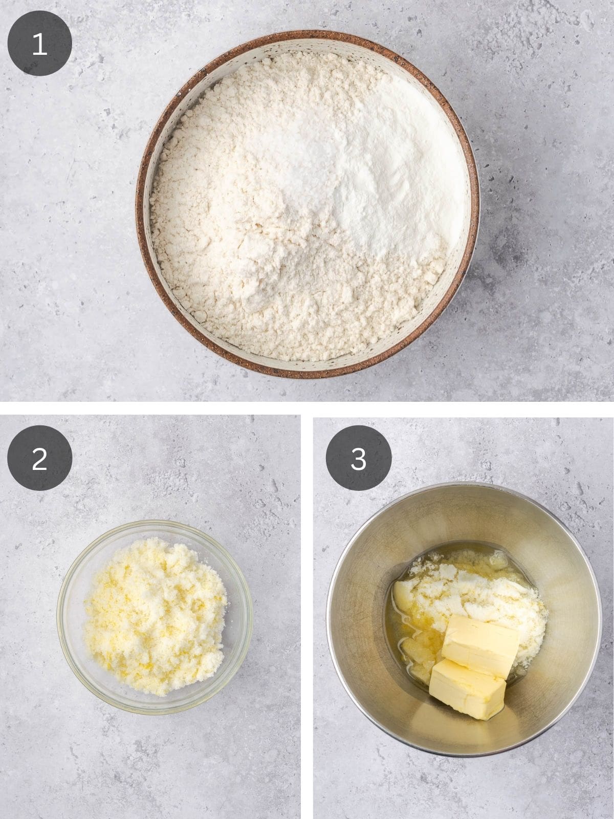 Recipe steps showing the mixing of the dry ingredients, the lemon scented sugar and the mixing of the wet ingredients in a large bowl.