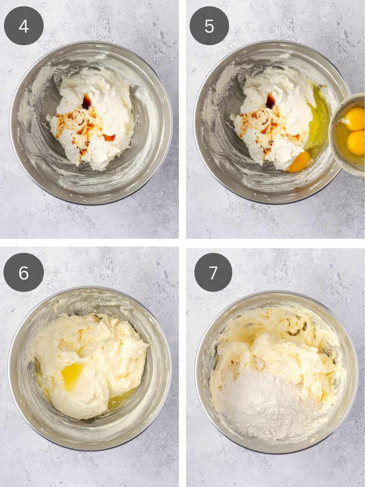 Recipe steps showing the addition of the vanilla, eggs and lemon juice into the wet batter along with the dry ingredients.