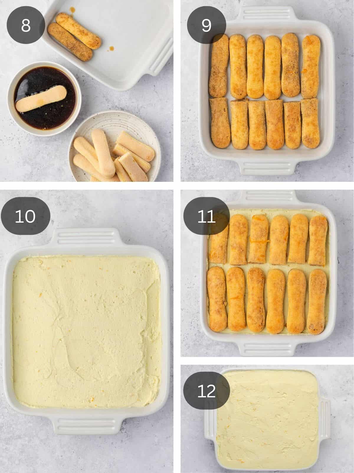 Recipe steps showing how to soak and arrange the lady finders and how to layer the mascarpone cream in the serving dish.