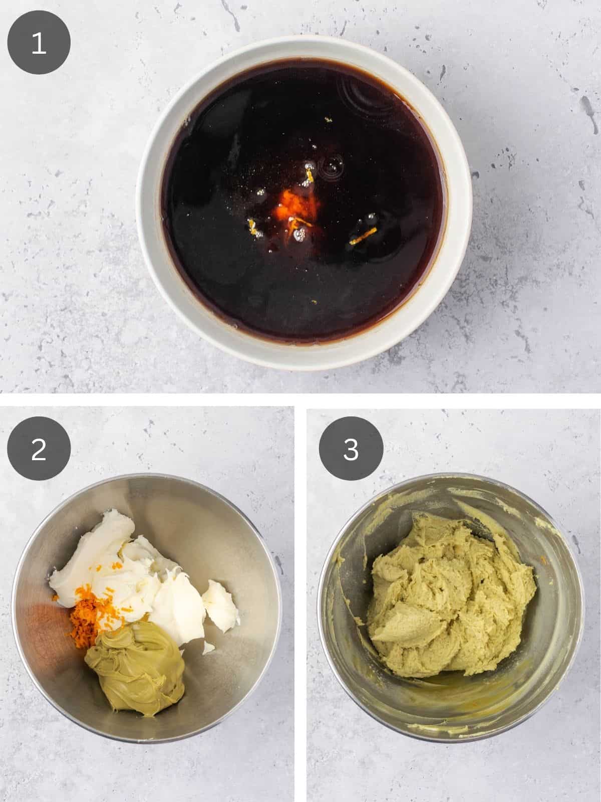 Recipe steps showing the mixing of the scented espresso in a bowl and the mixing of the pistachio cream, mascarpone and orange zest in another bowl.