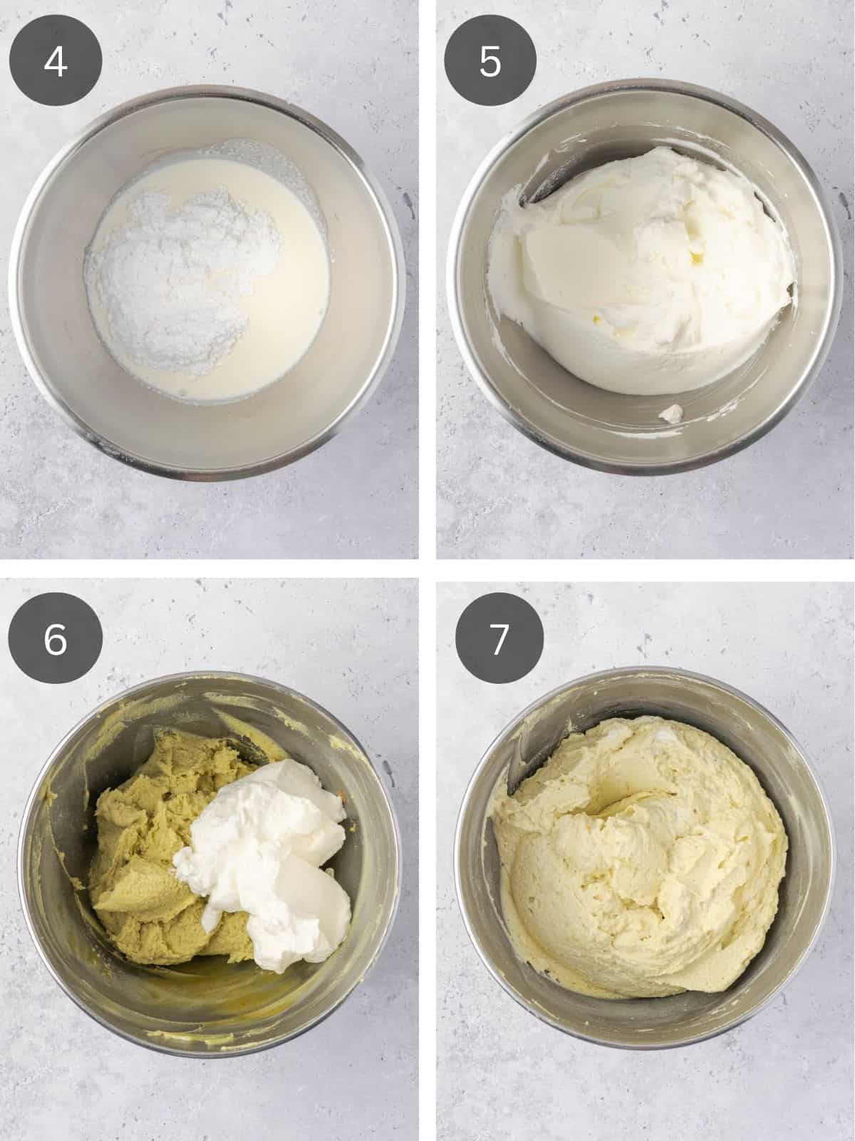 Recipe steps showing the making of the whipped cream and then how it gets folded into the pistachio mascarpone mixture.