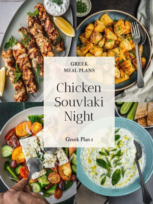 Collage of images including grilled chicken souvlaki skewers, roasted potatoes, and Greek salad.