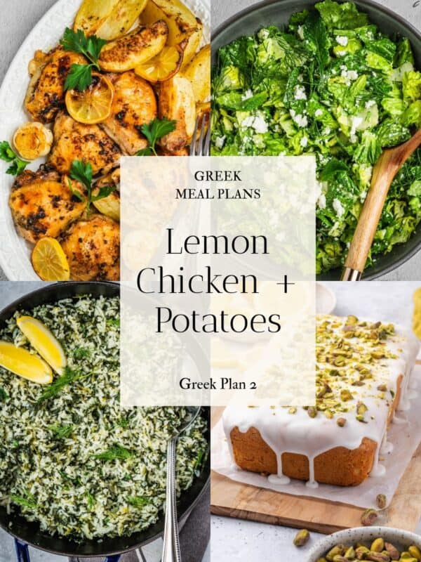 Collage of images including Greek lemon chicken and potatoes, lettuce salad and spinach rice.