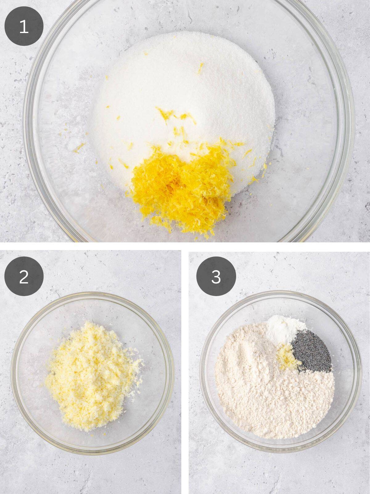 Recipe steps showing the lemon zest getting massaged into the sugar and the dry ingredients getting mixed in a large bowl.