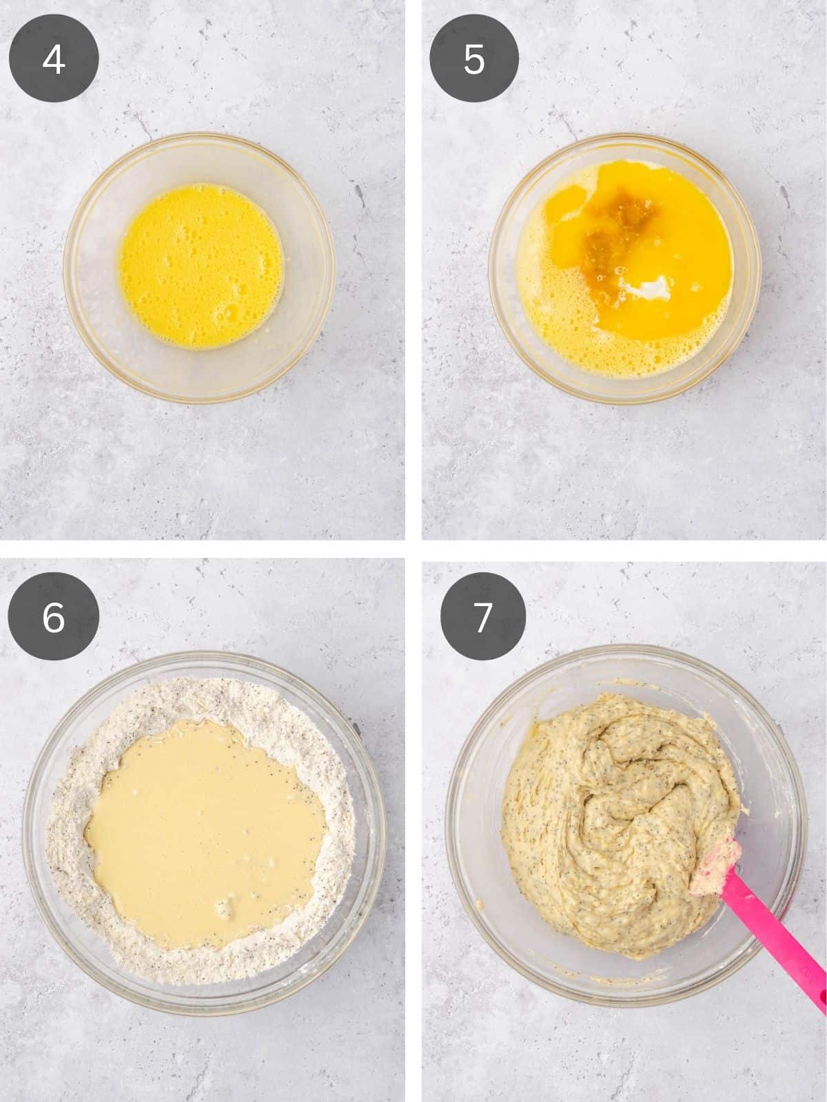 Recipe steps showing the mixing of the wet ingredients and folding them into the dry.