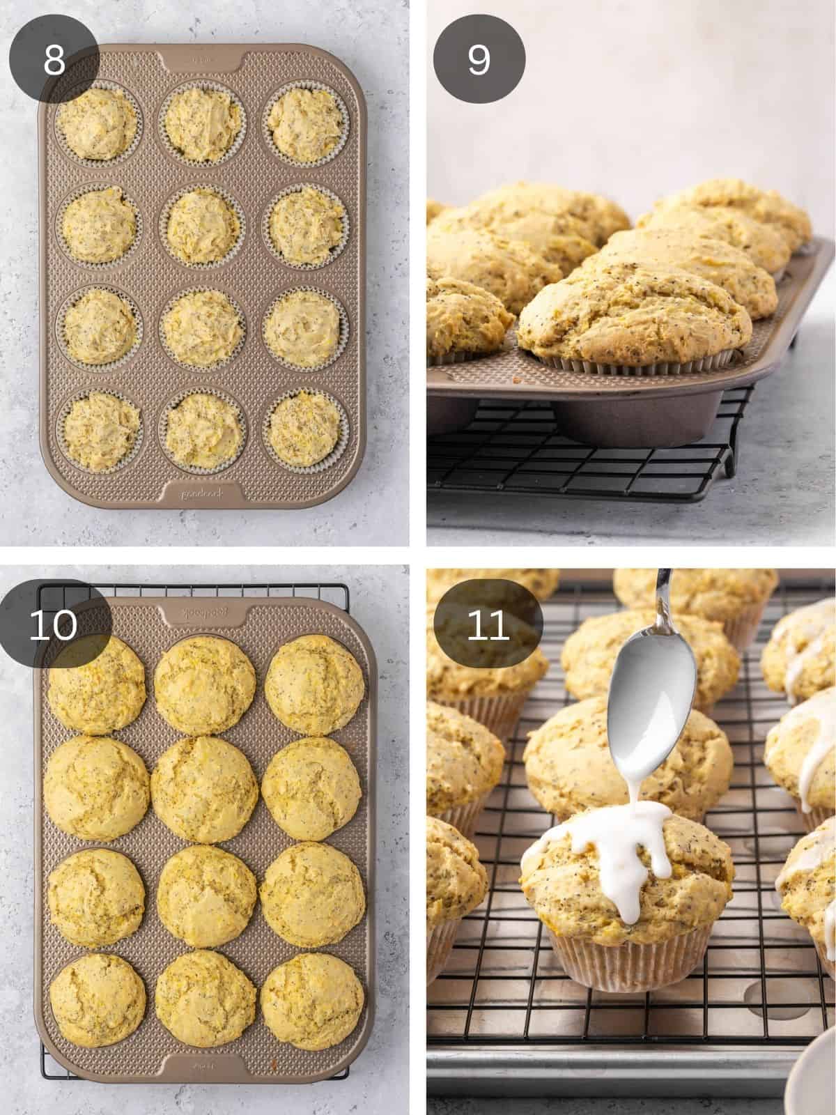 Recipe steps showing the batter being added to the muffin tin, the final bake and the glazing of the cooled muffins.