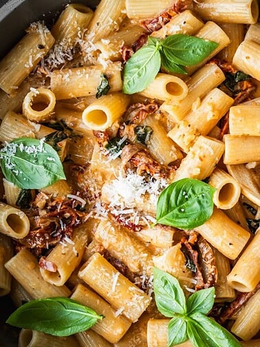 Bowl of beef ragu with rigatoni pasta garnished with basil leaves and shaved parmesan.