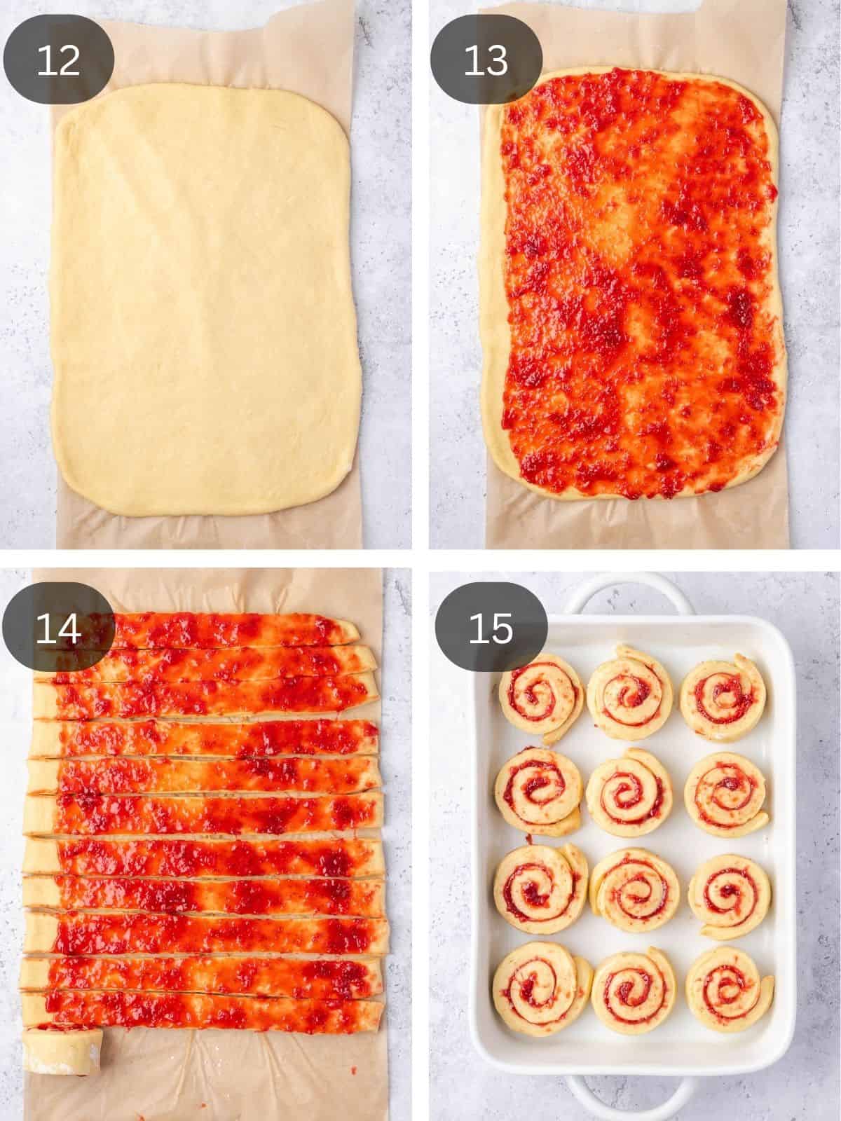 Recipe steps showing the dough getting rolled out, filled, cut and rolled into buns to be placed in a baking pan.