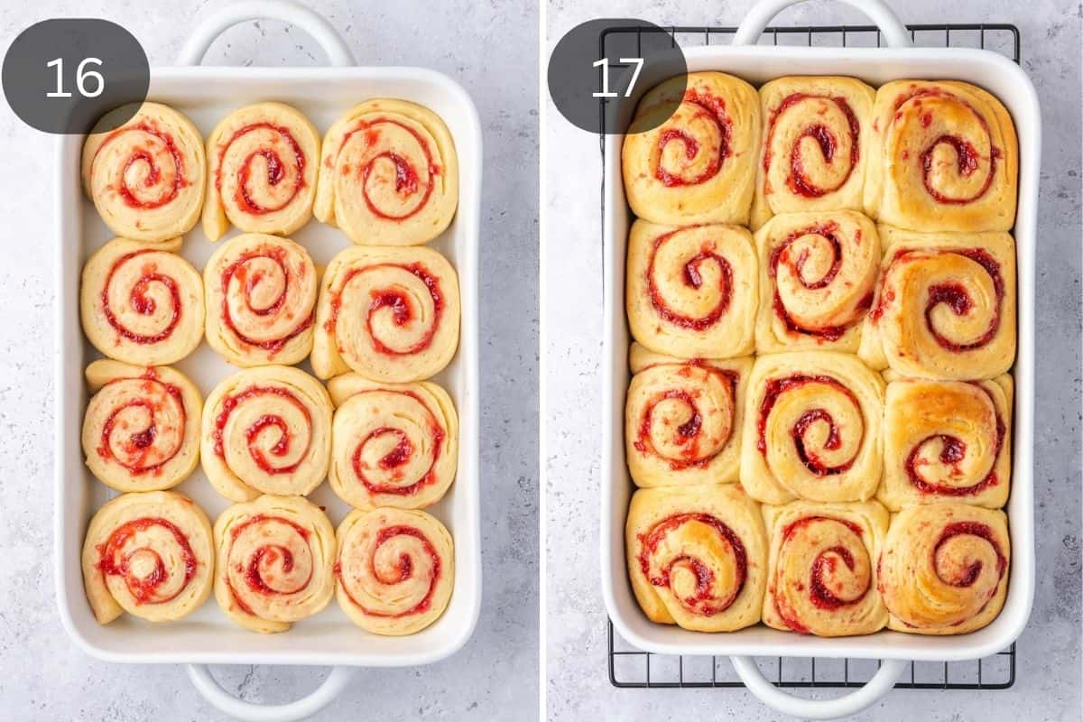 Recipe steps showing rolls before and after baking.