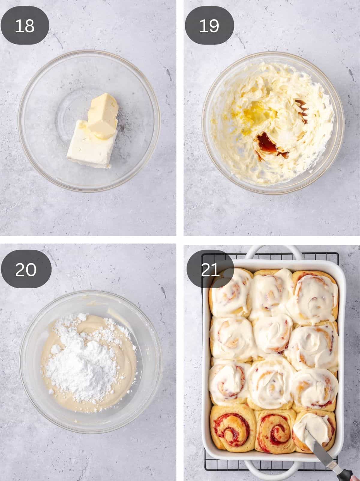 Recipe steps showing the mixing of the cream cheese icing in a bowl and then spreading it on the cooled buns.