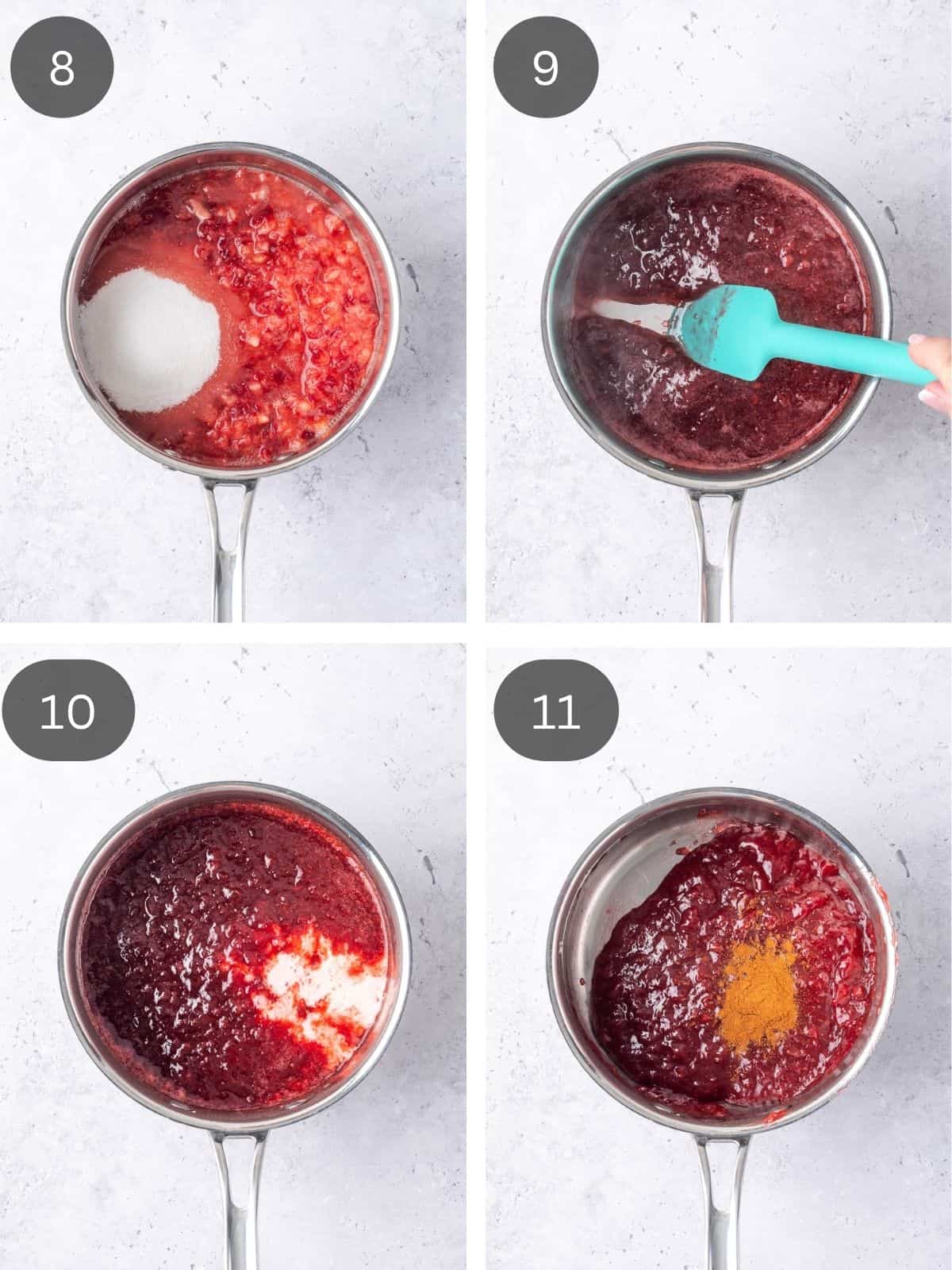 Recipe steps showing the strawberry filling getting cooked in a saucepan.