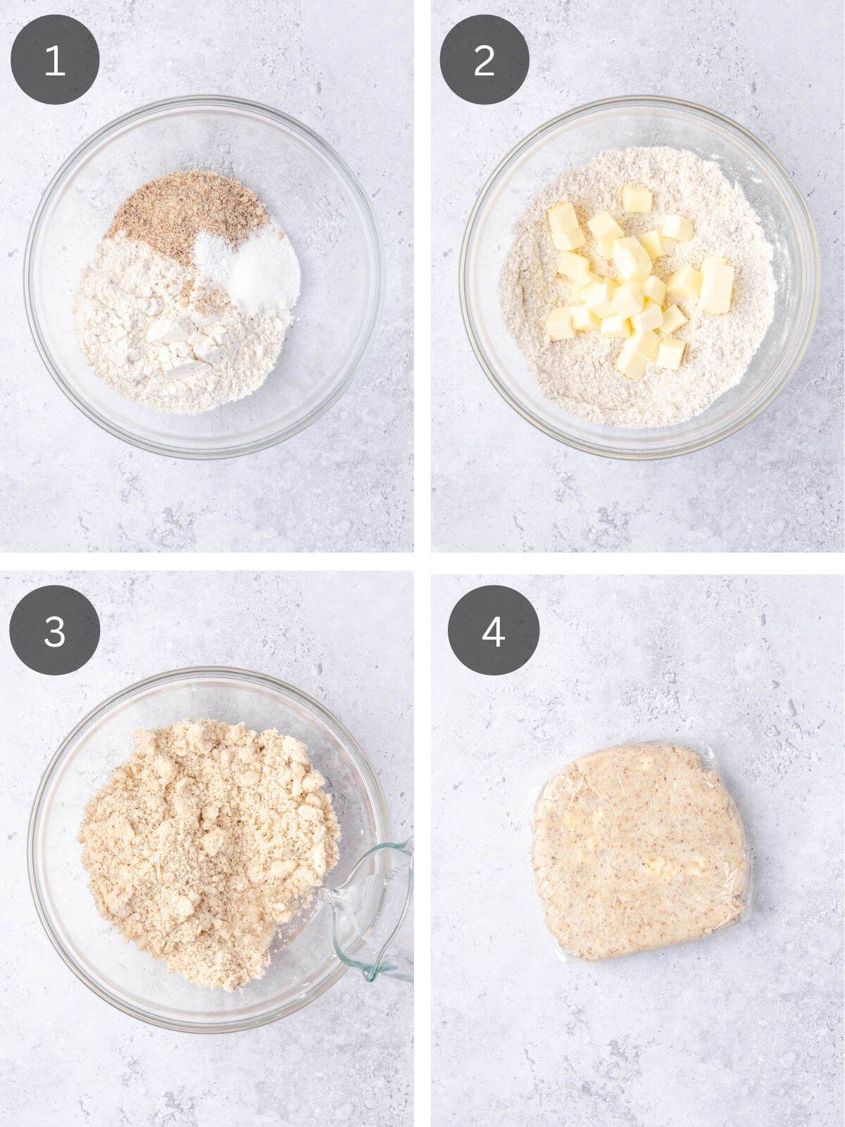 Recipe steps showing how the dough is mixed in a bowl, the butter is cut in, and the water is added to form a dough disc.
