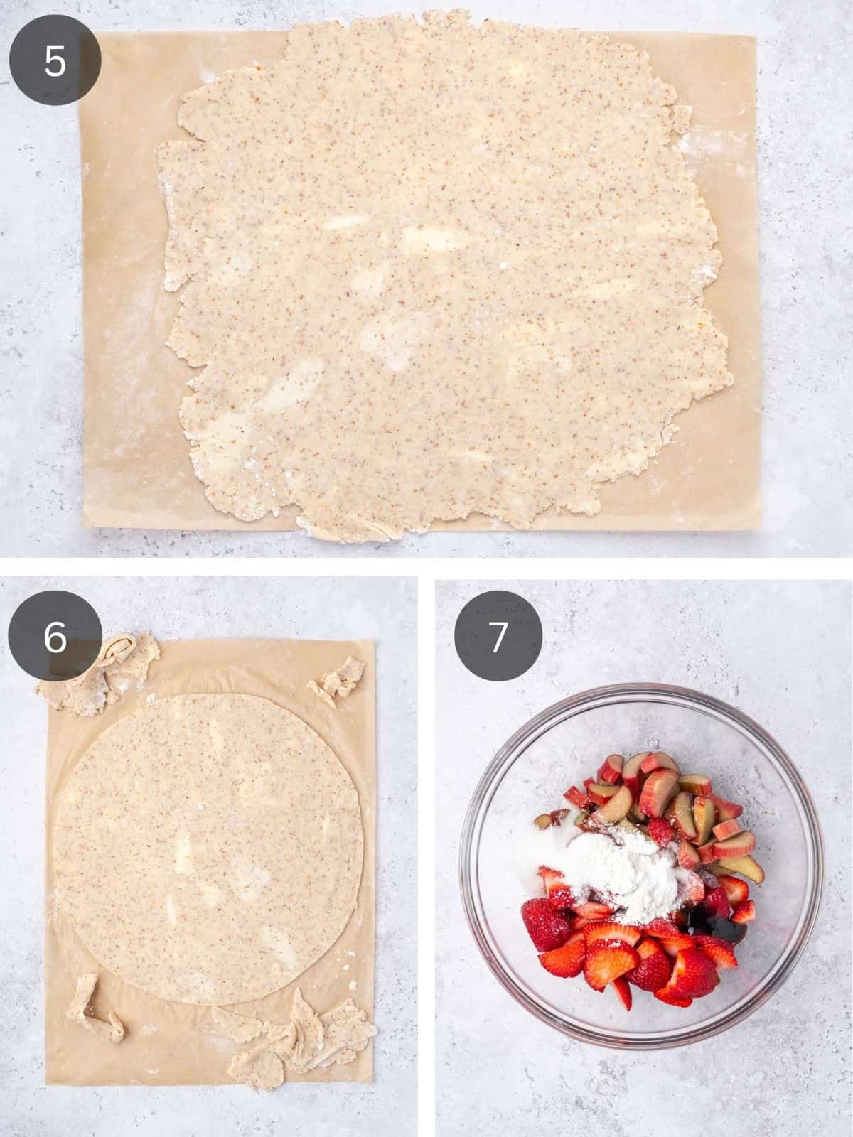 Recipe steps showing the rolled out and cut galette dough and the fruits getting mixed with the sugar and cornstarch.