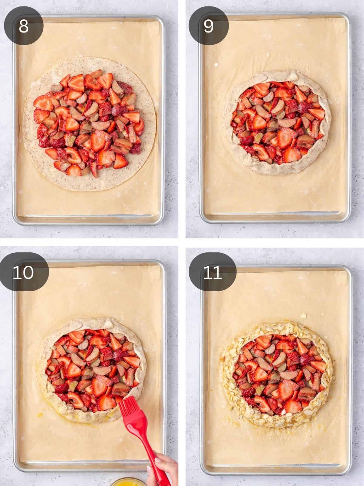 Recipe steps showing the layering of the fruit on the galette dough, the crimping of the edges, egg washing and decorating with sliced almonds.