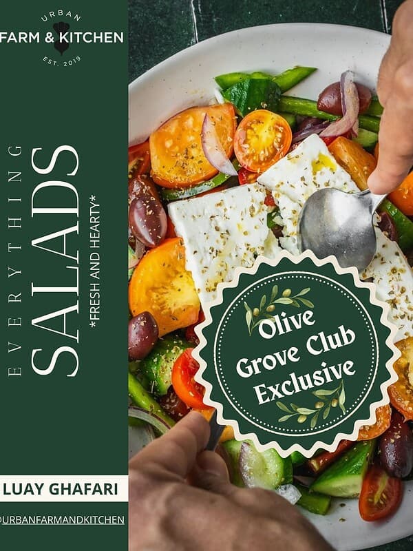 Cover image of salad ebook showing a Greek salad with feta.