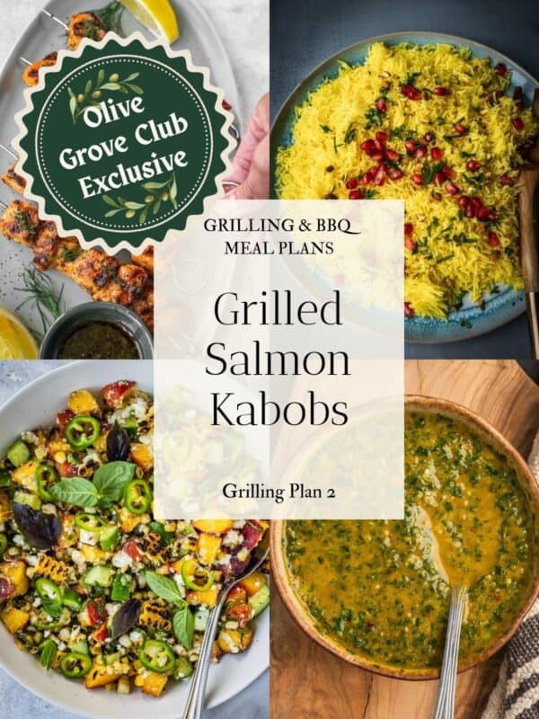 Collage of images including salmon skewers on a platter, saffron rice on a plate, corn and peach salad in a bowl and chermoula sauce in a bowl.