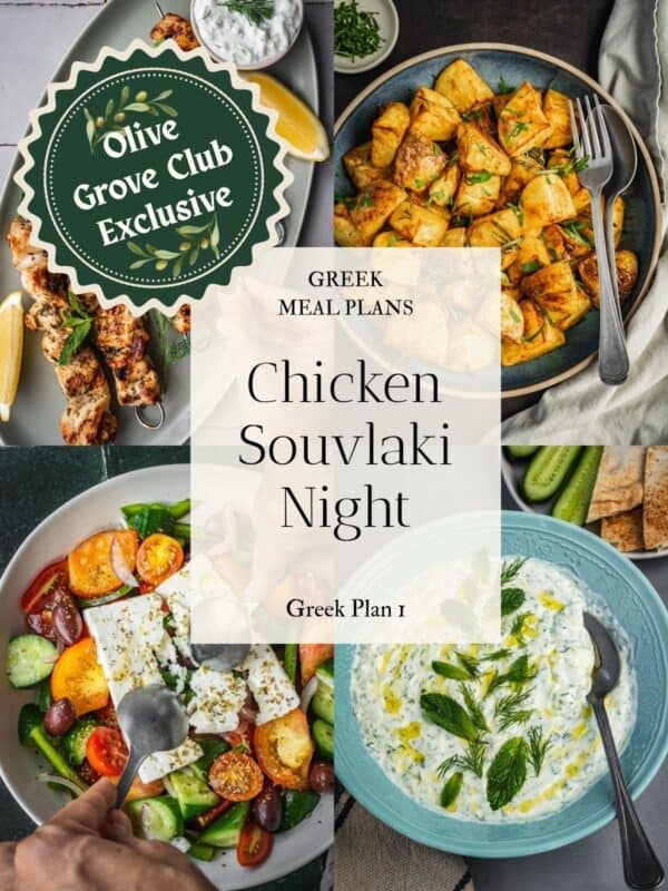 Collage of images including grilled chicken souvlaki skewers, roasted potatoes, and Greek salad.