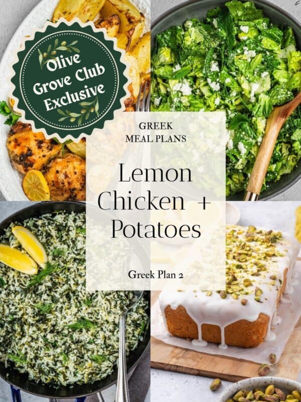 Collage of images including Greek lemon chicken and potatoes, lettuce salad and spinach rice.